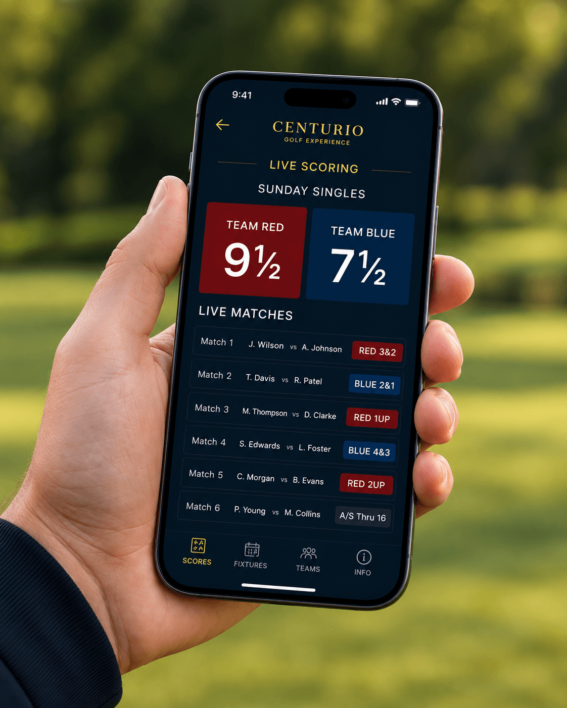 Centurio live scoring app showing Sunday singles match status