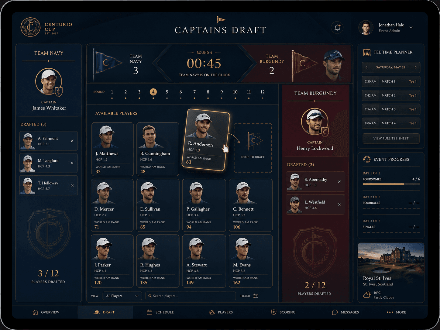 Captains Draft dashboard screen showing team selection